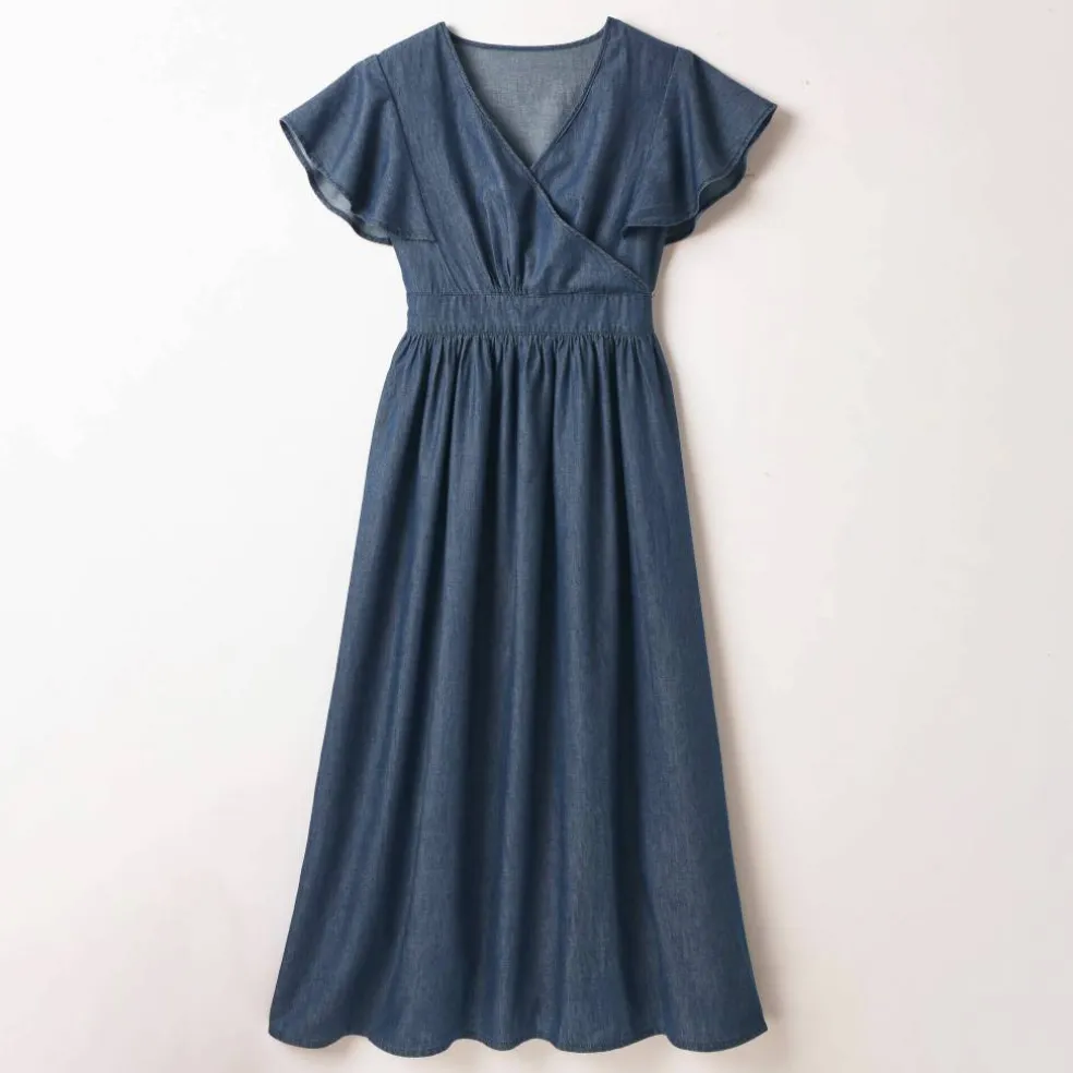 Robe volantée cache-coeur, denim léger