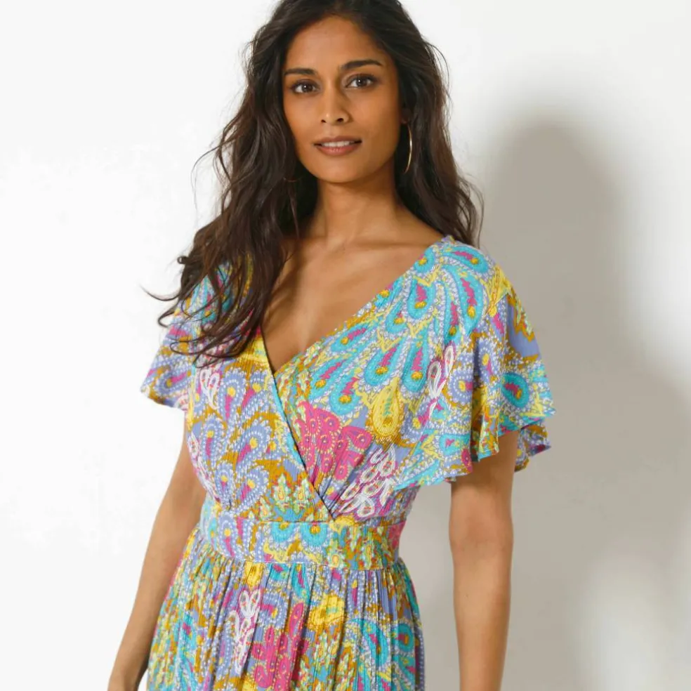 Robe volantée cache-coeur imprimée, crépon