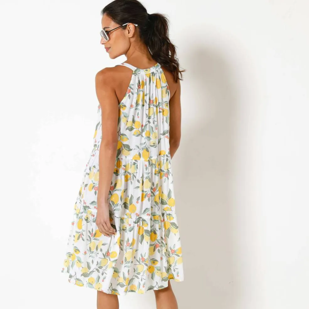 Robe à volants imprimé citrons emmanchures américaines, crépon