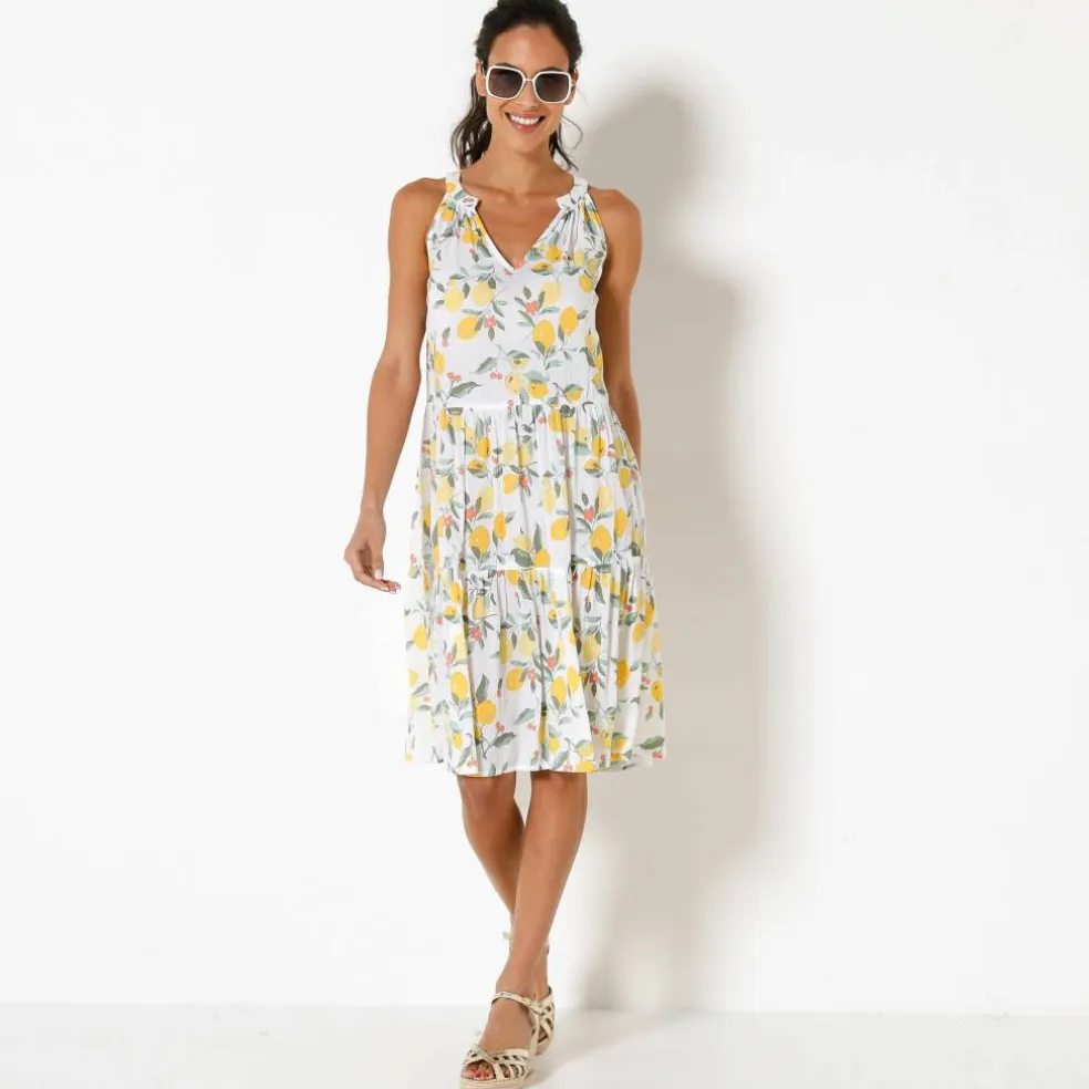Robe à volants imprimé citrons emmanchures américaines, crépon