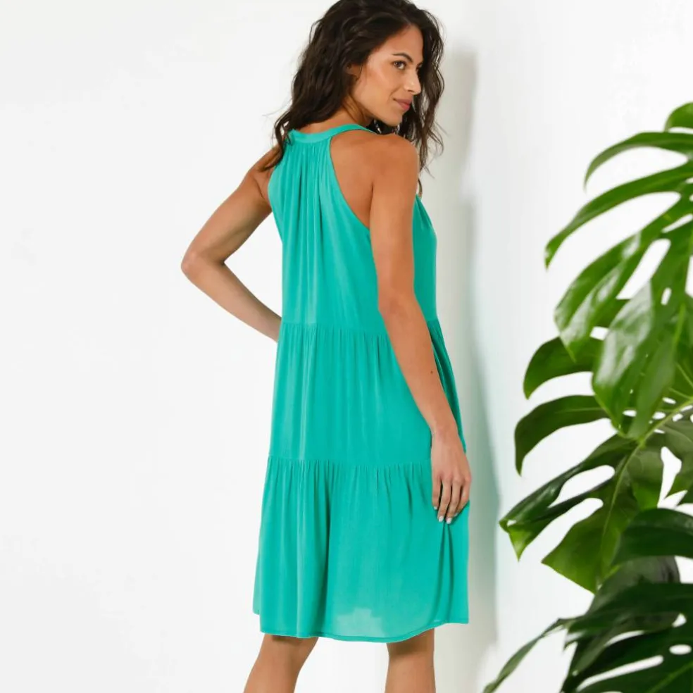 Robe à volants unie emmanchures américaines, crépon