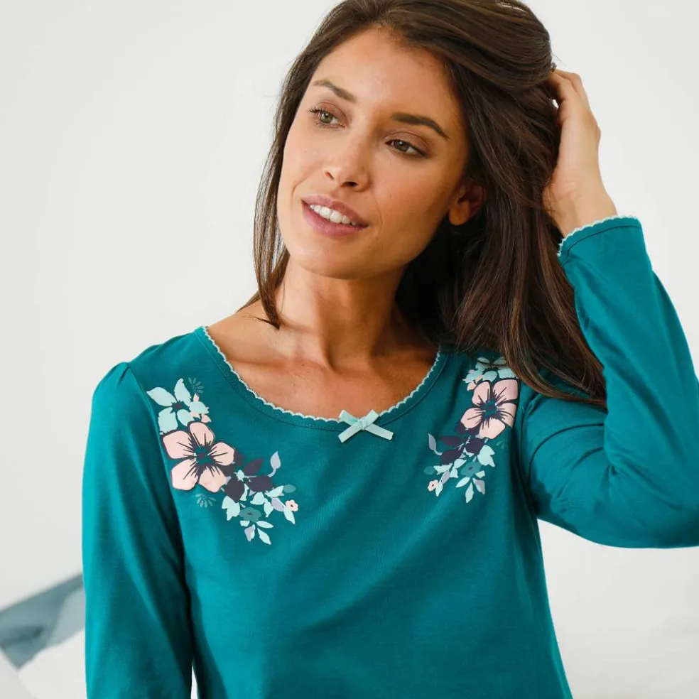Tee-shirt col imprimé bucolique - manches longues