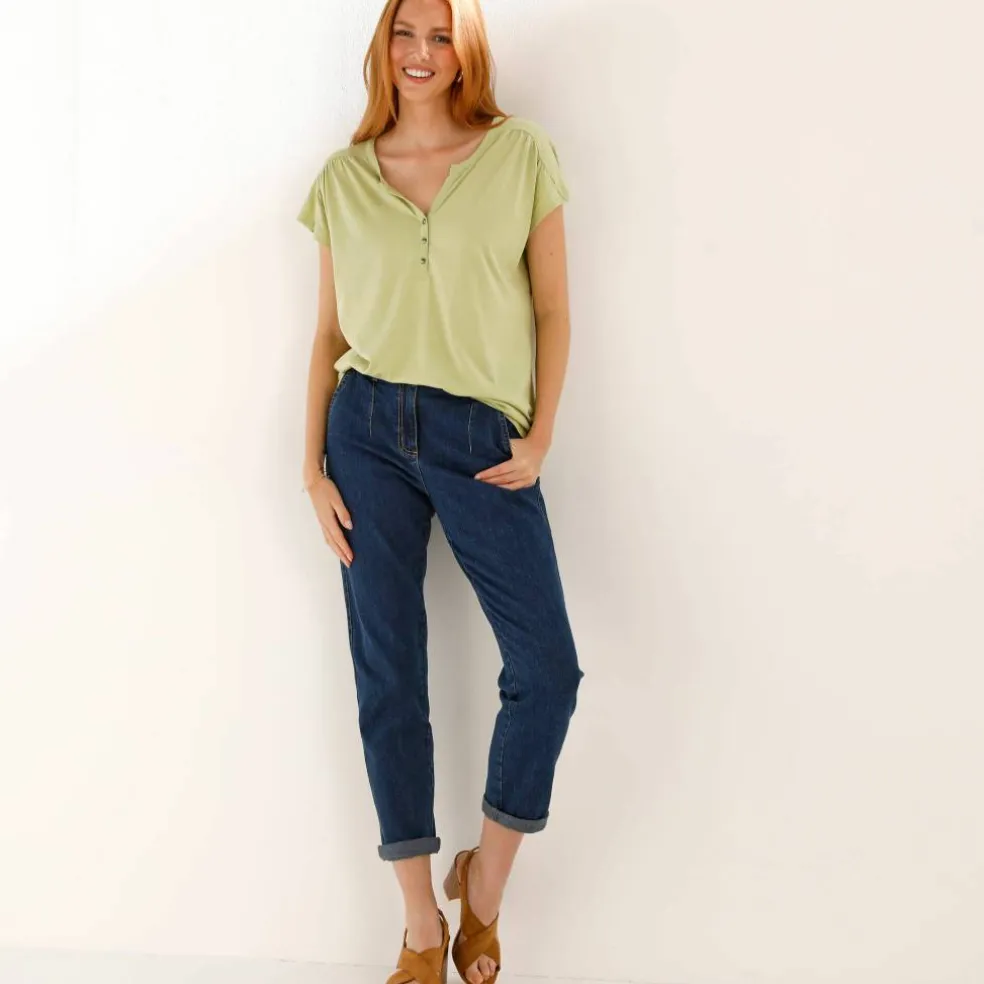 Tee-shirt col tunisien manches courtes, uni
