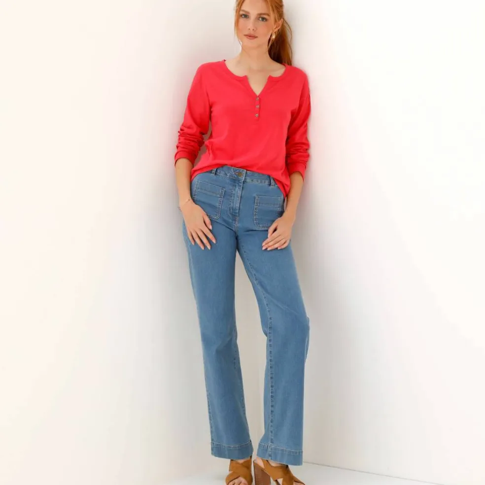 Tee-shirt col tunisien manches longues, uni
