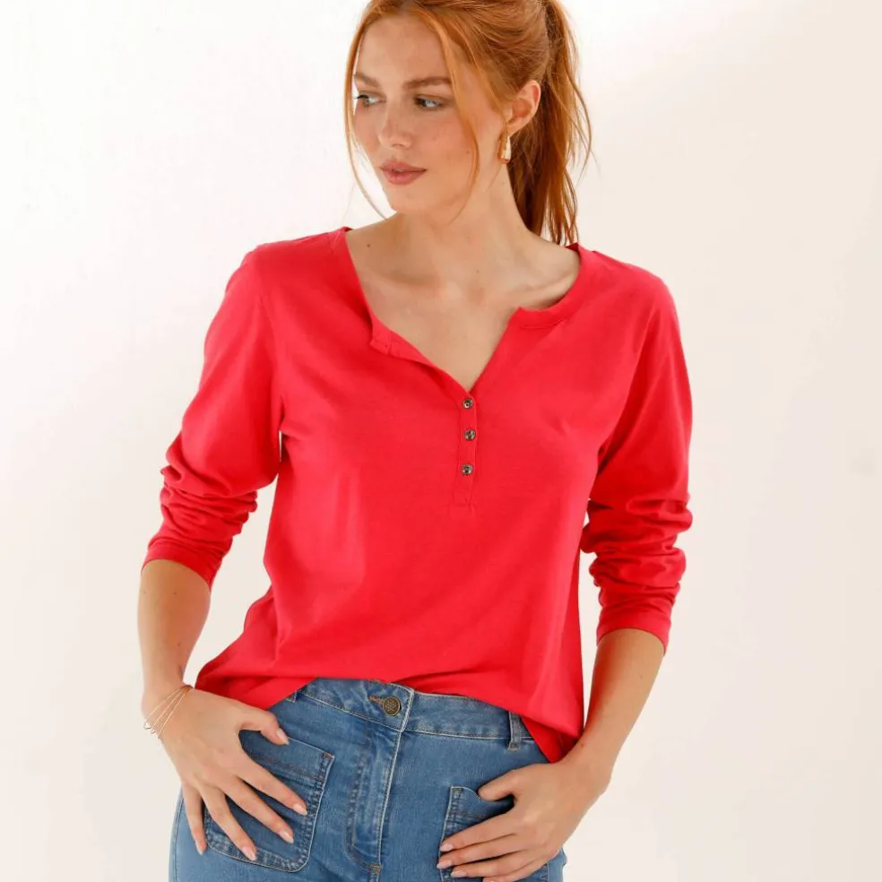 Tee-shirt col tunisien manches longues, uni