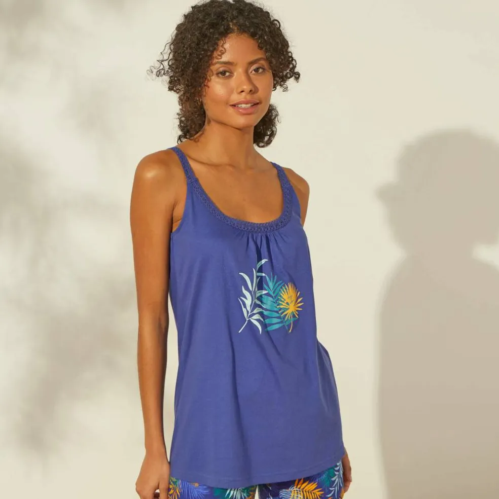 Top de pyjama en coton et macramé - uni tropical