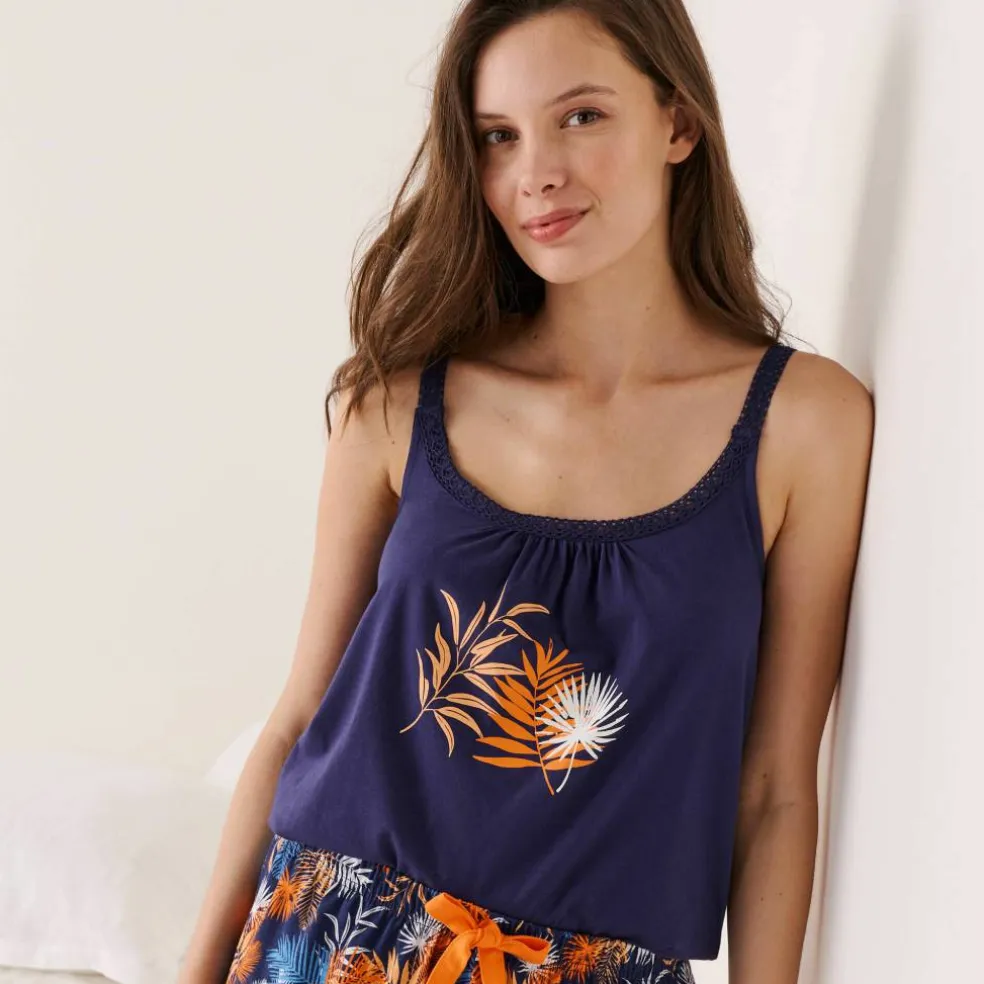 Top de pyjama en coton et macramé - uni tropical