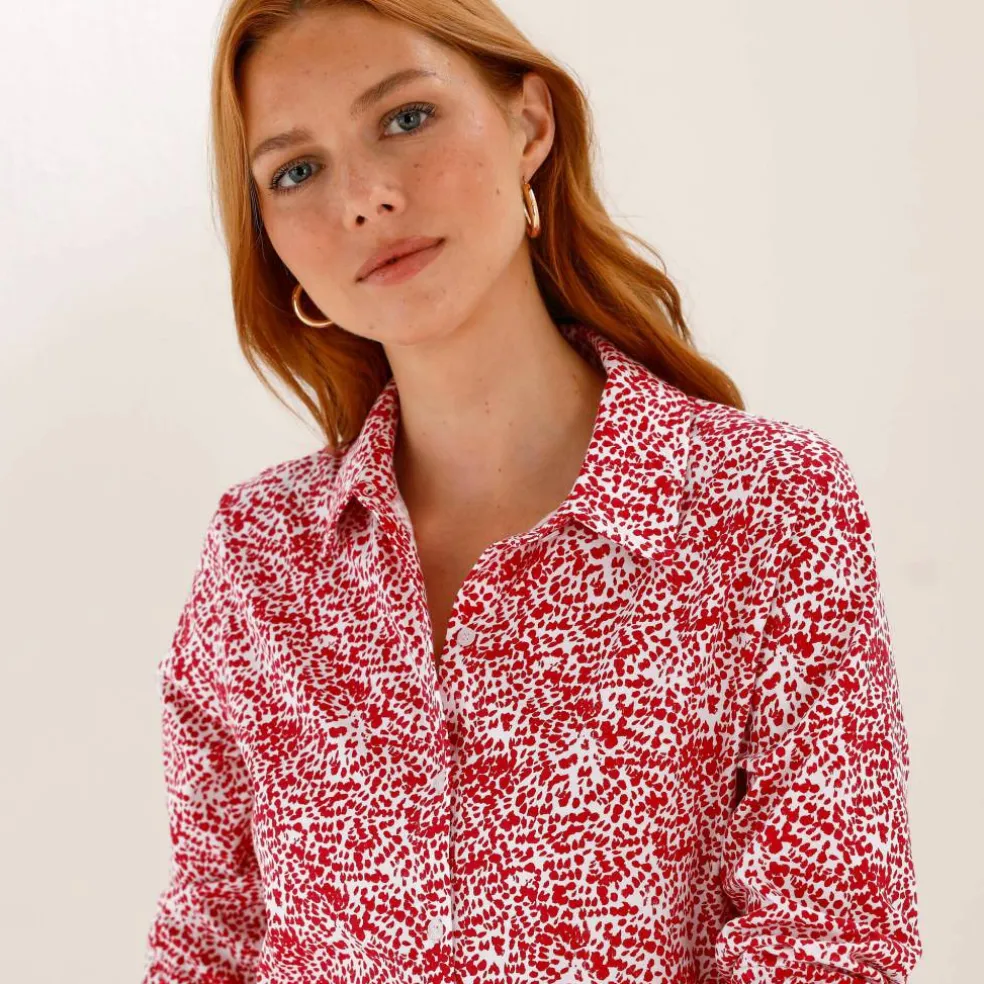 T-shirt boutonné imprimé manches longues, forme tunique