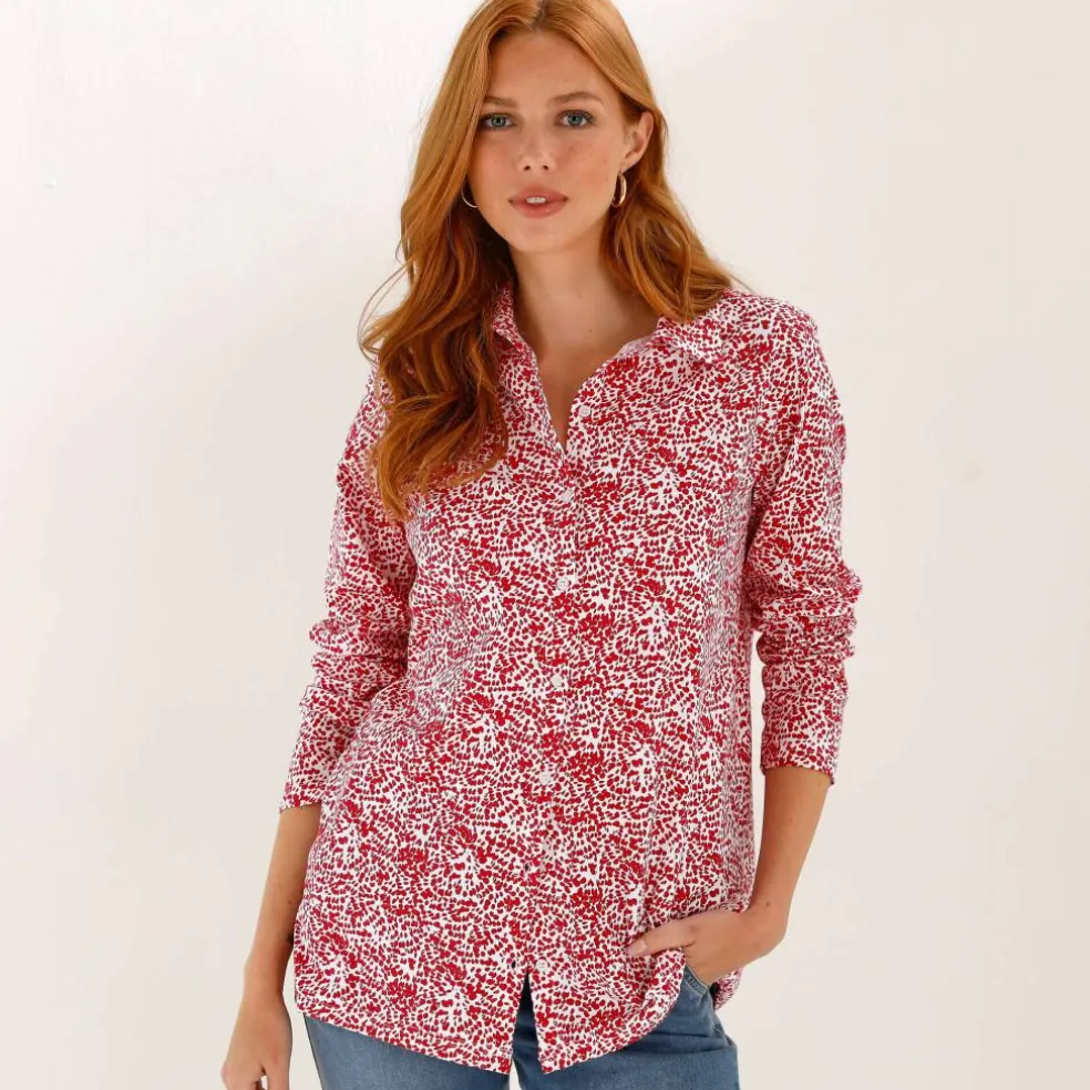 T-shirt boutonné imprimé manches longues, forme tunique