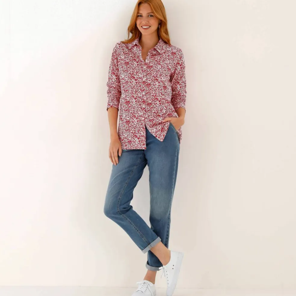 T-shirt boutonné imprimé manches longues, forme tunique