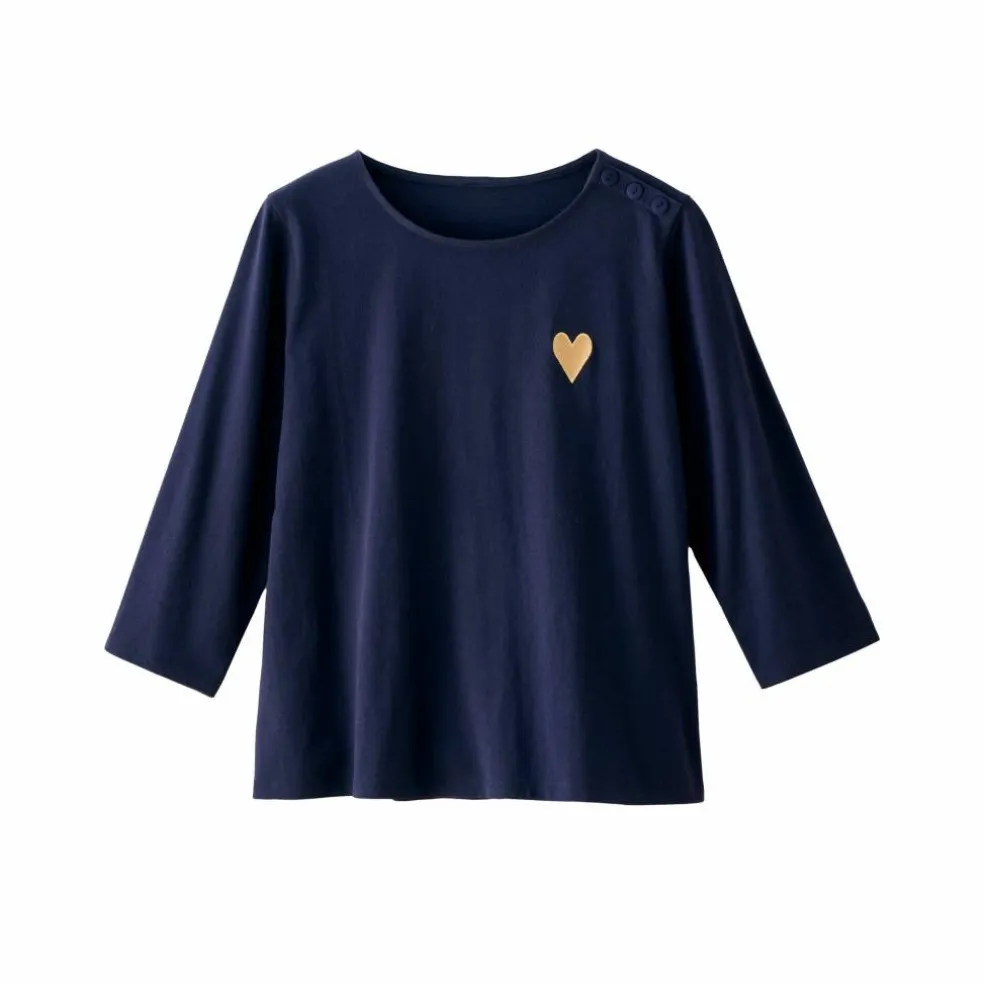 T-shirt boutonné uni broderie coeur en coton biologique(**)