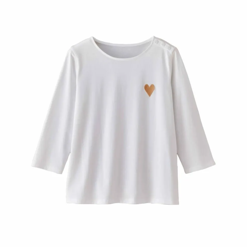 T-shirt boutonné uni broderie coeur en coton biologique(**)