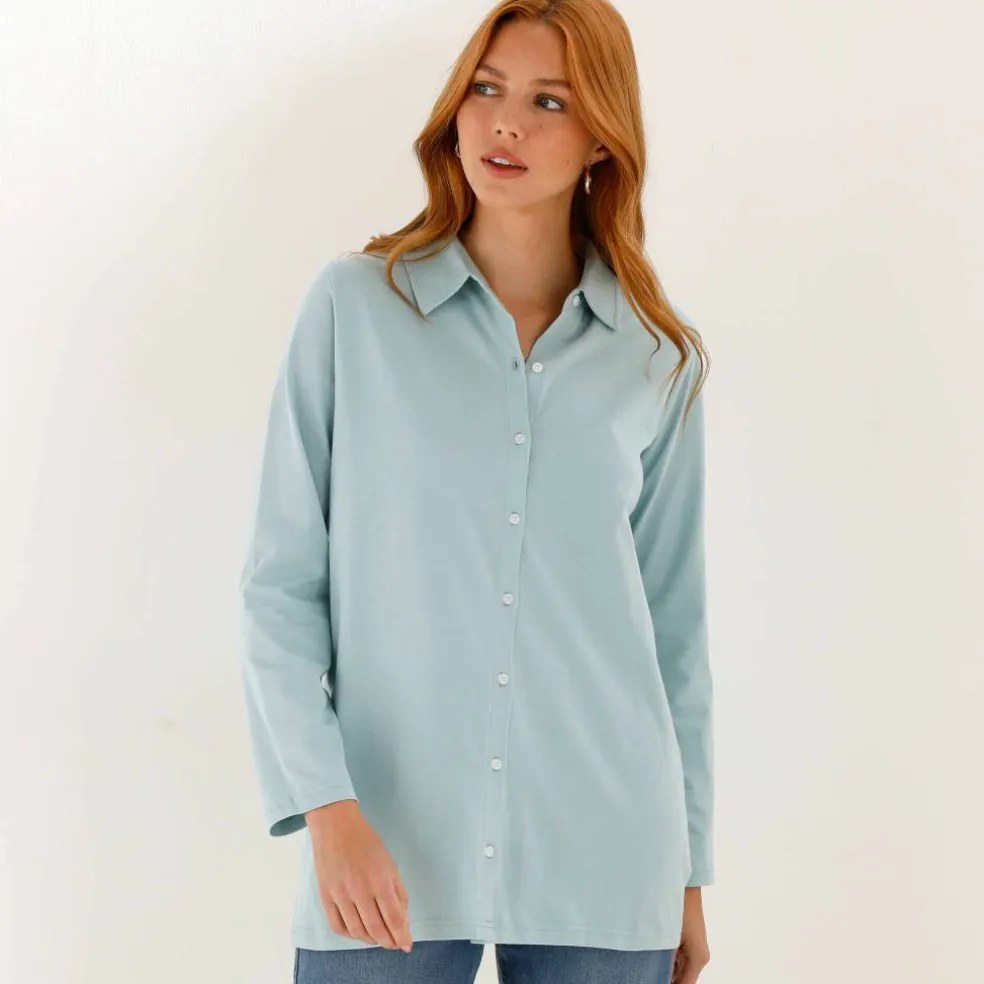 T-shirt boutonné uni manches longues, forme tunique