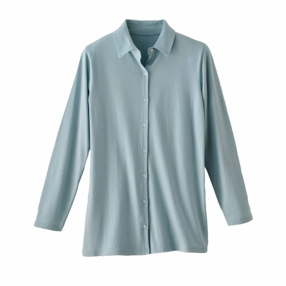 T-shirt boutonné uni manches longues, forme tunique