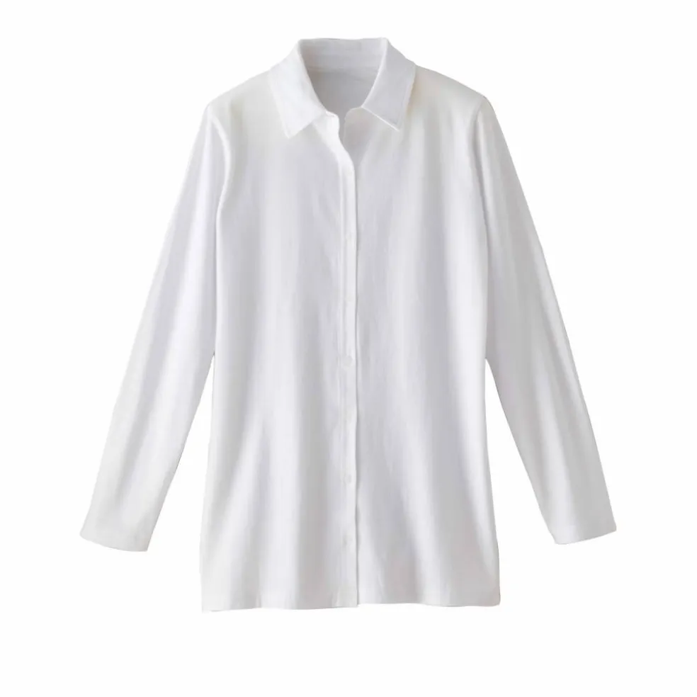 T-shirt boutonné uni manches longues, forme tunique