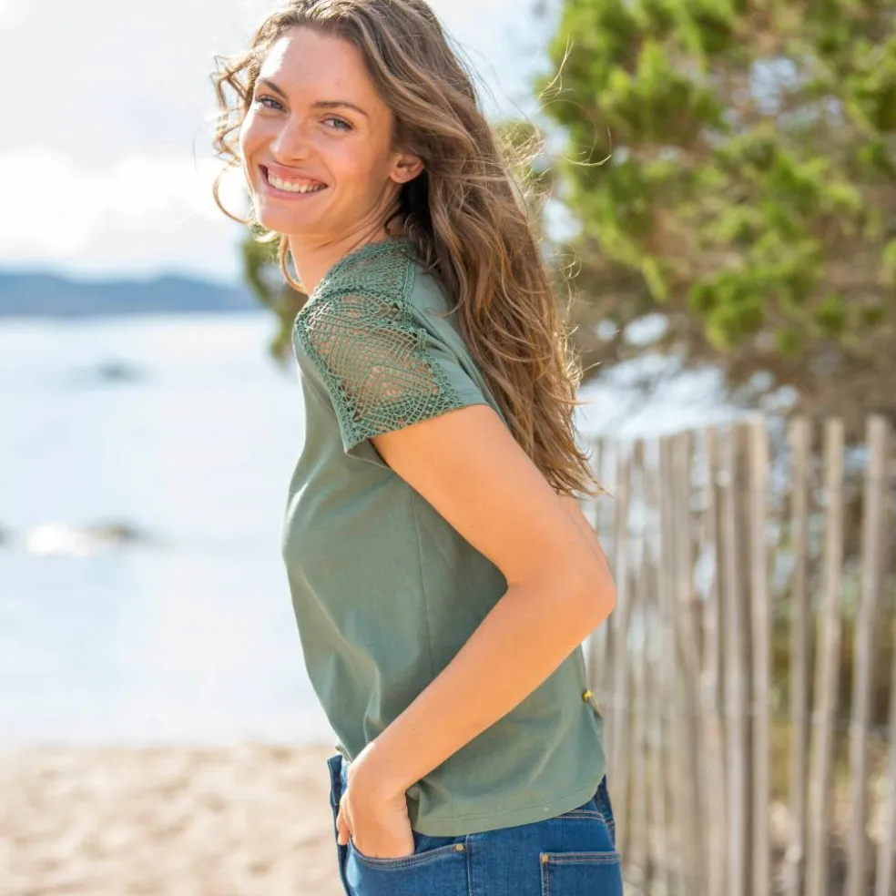 T-shirt col rond dentelle