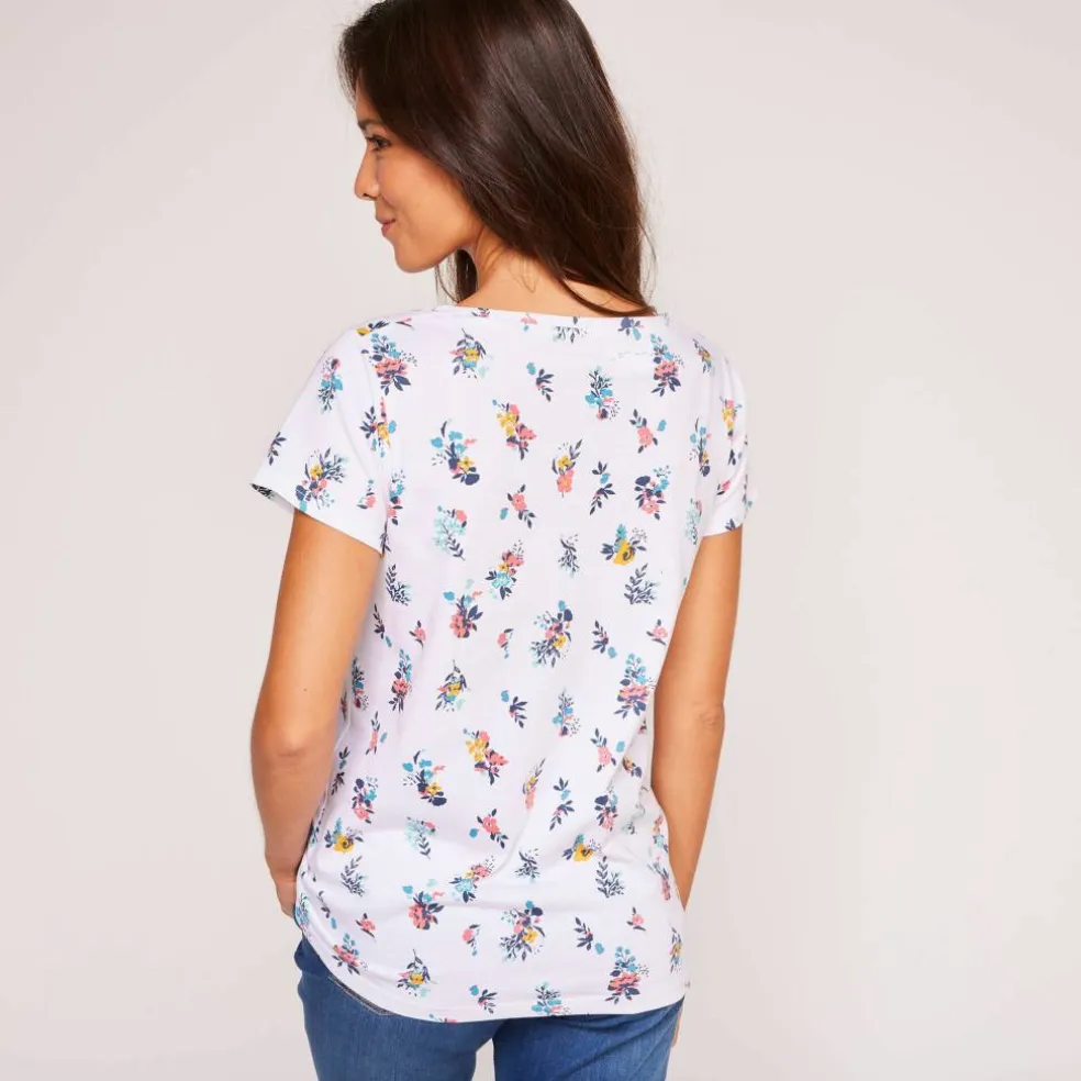 T-shirt col rond imprimé fleuri coton