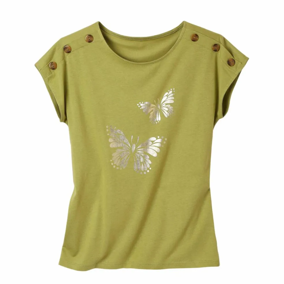 T-shirt col rond imprimé papillon doré