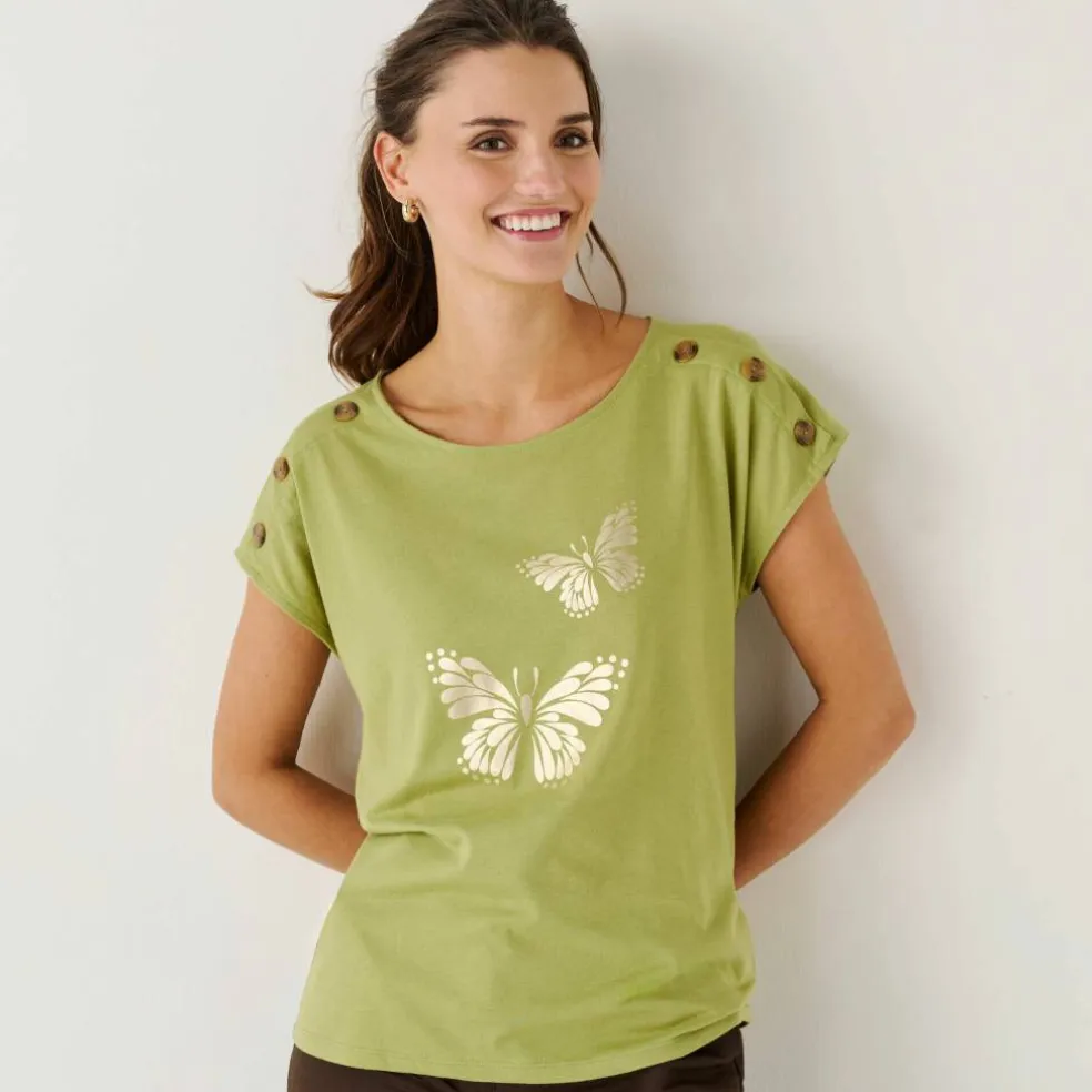 T-shirt col rond imprimé papillon doré