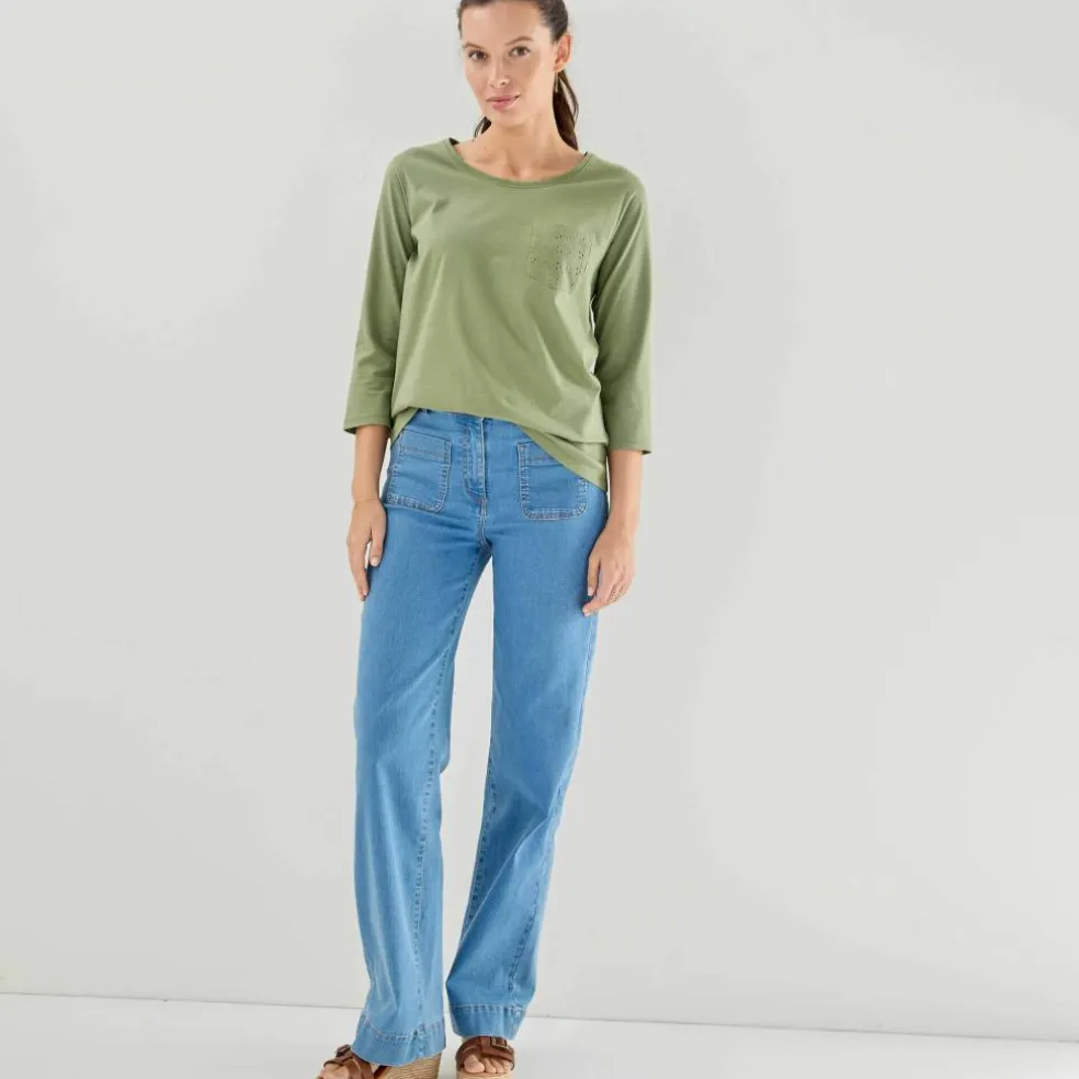 T-shirt col rond manches 3/4, broderie anglaise