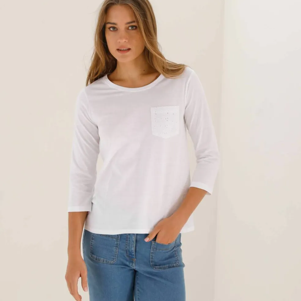 T-shirt col rond manches 3/4, broderie anglaise