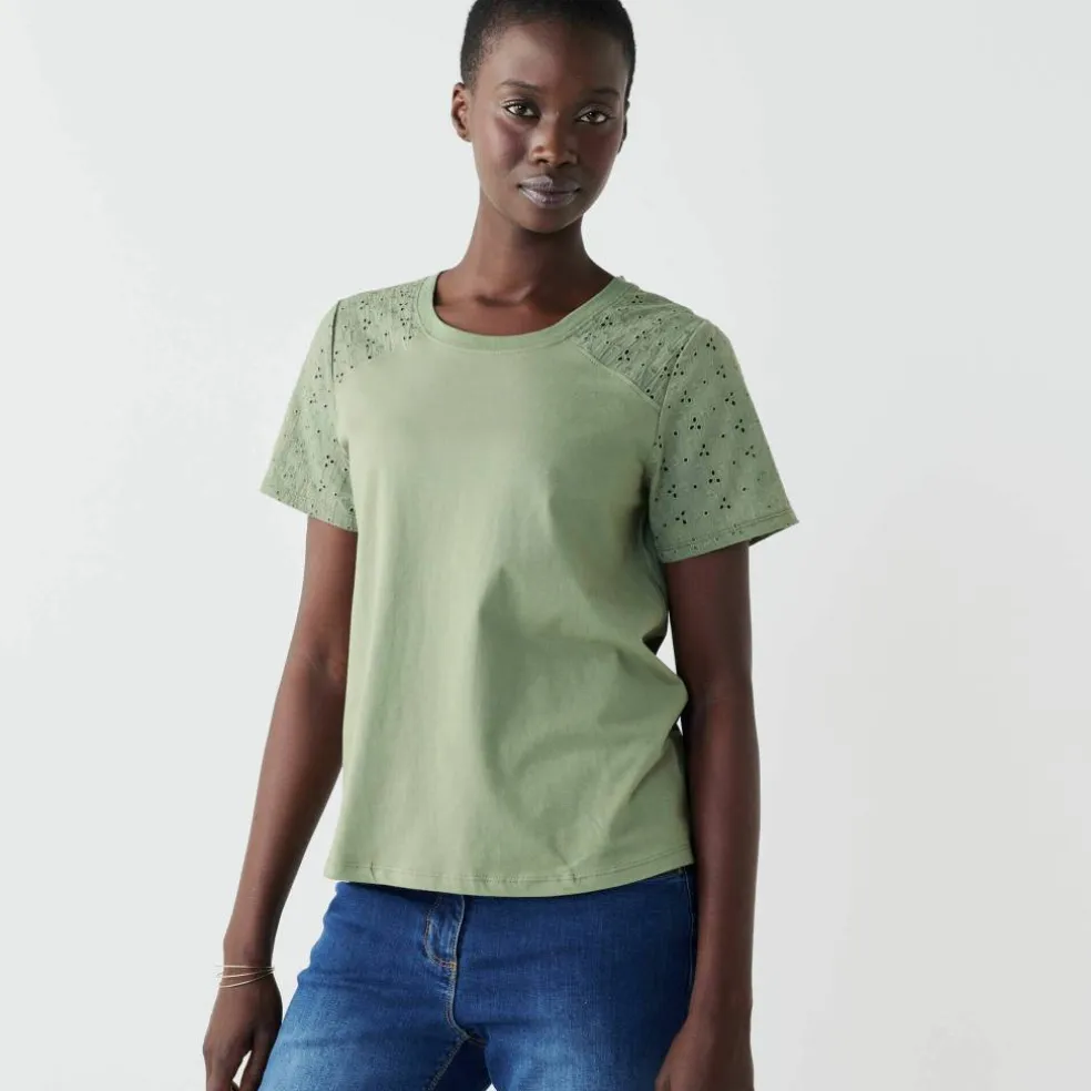 T-shirt col rond manches courtes, détail broderie anglaise