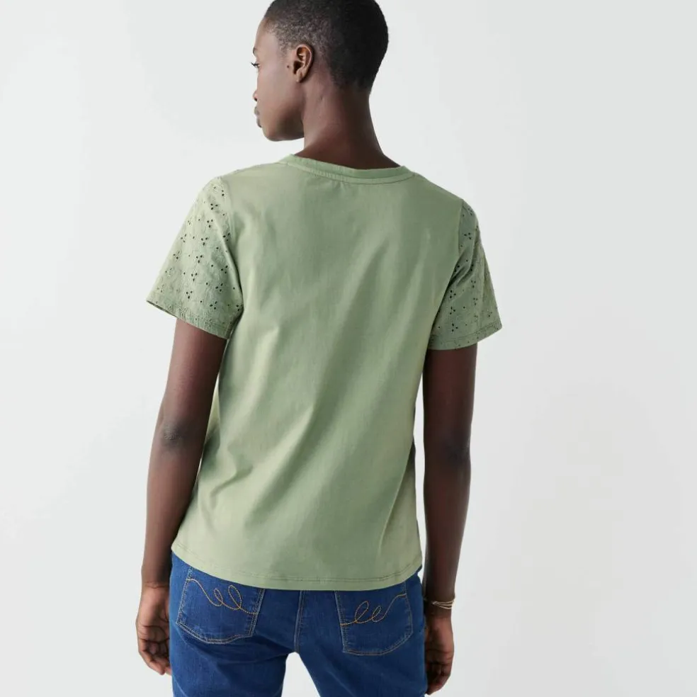 T-shirt col rond manches courtes, détail broderie anglaise