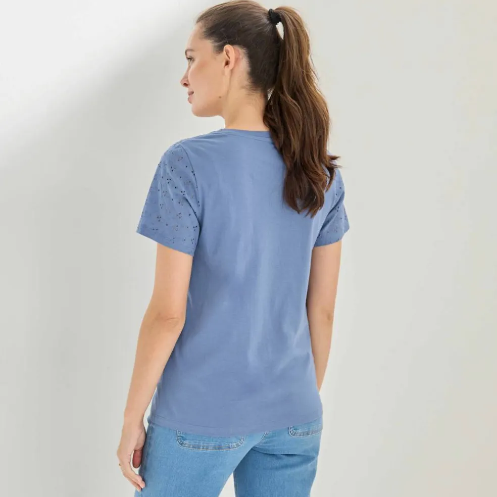 T-shirt col rond manches courtes, détail broderie anglaise