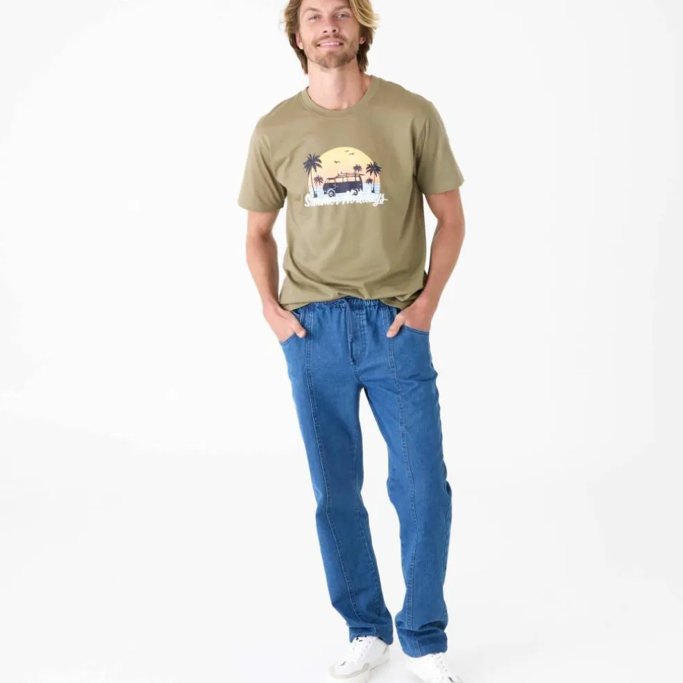 T-shirt col rond motif palmier manches courtes