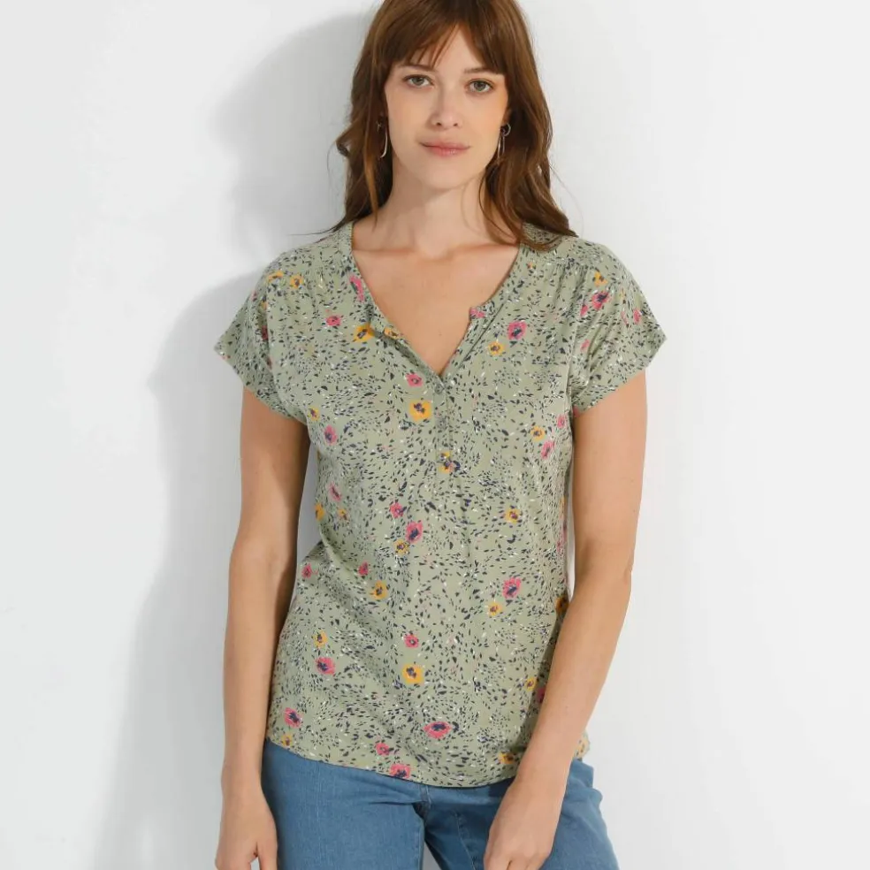 T-shirt col tunisien manches courtes, imprimé