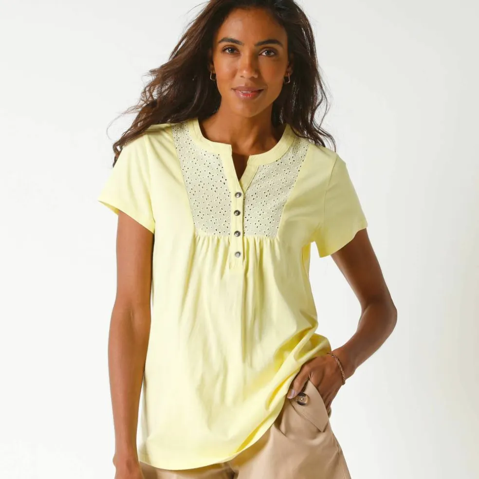 T-shirt col tunisien manches courtes, broderie anglaise