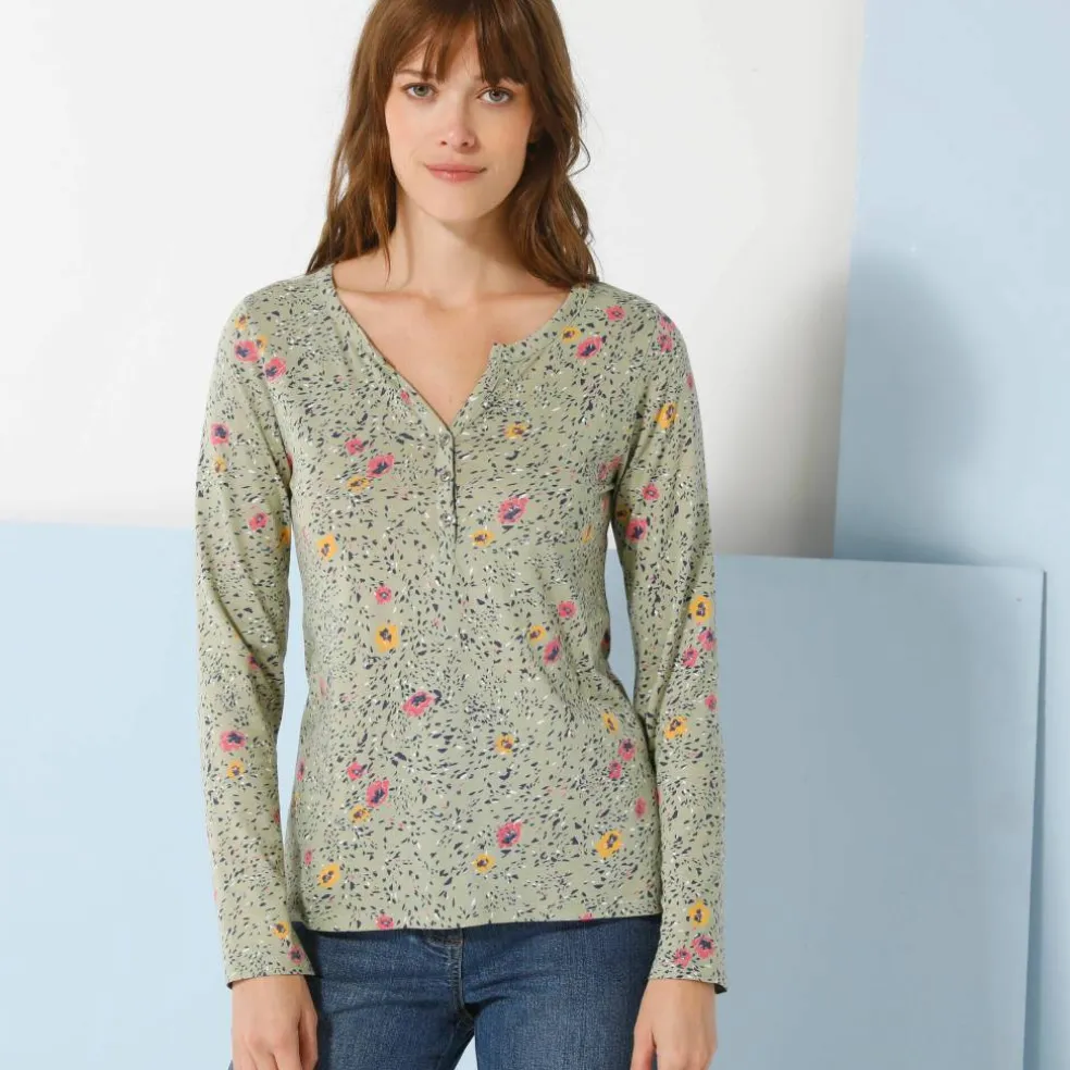 T-shirt col tunisien manches longues, imprimé