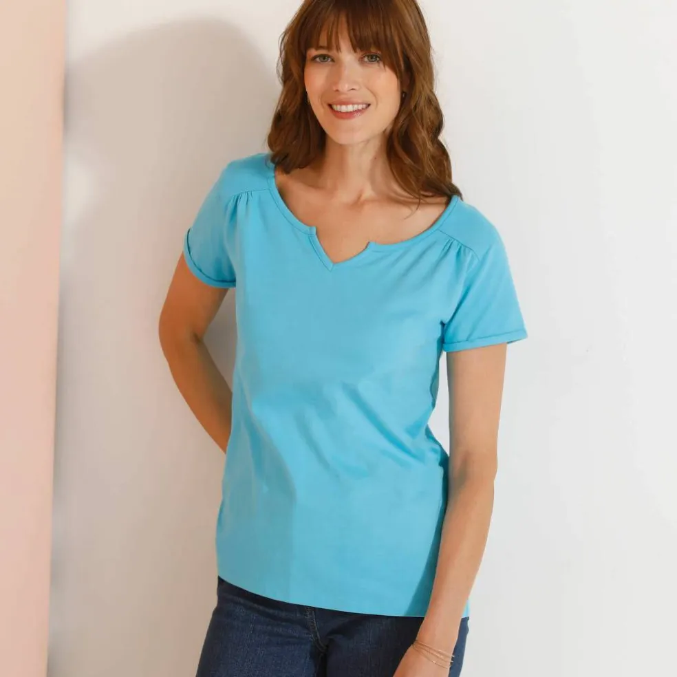 T-shirt col tunisien uni, coton