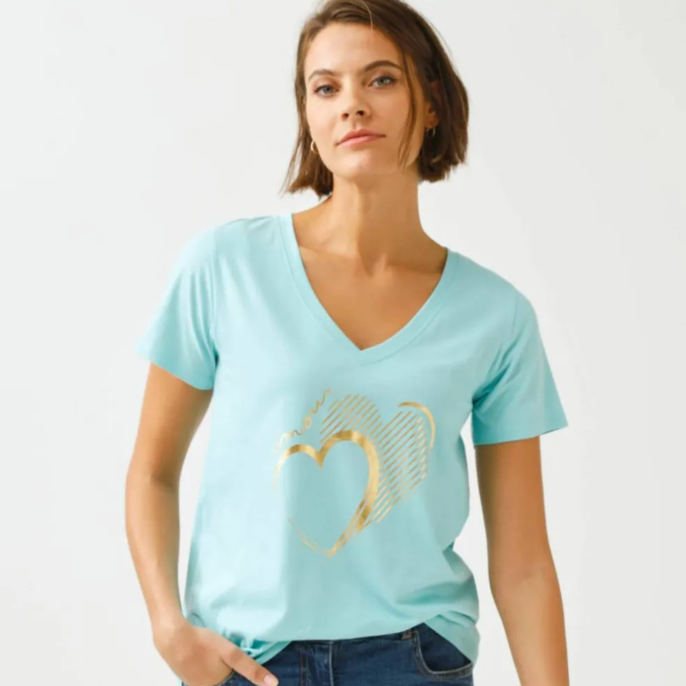 T-shirt col V imprimé doré