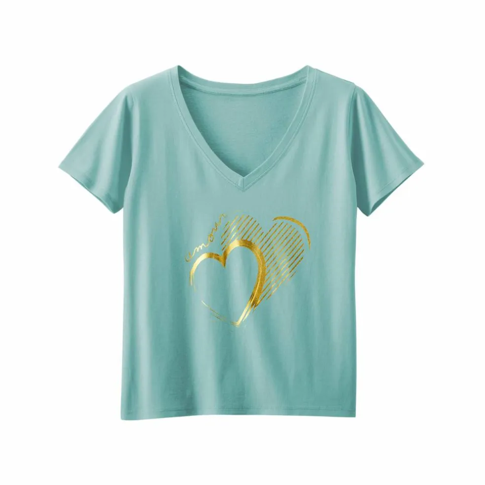 T-shirt col V imprimé doré