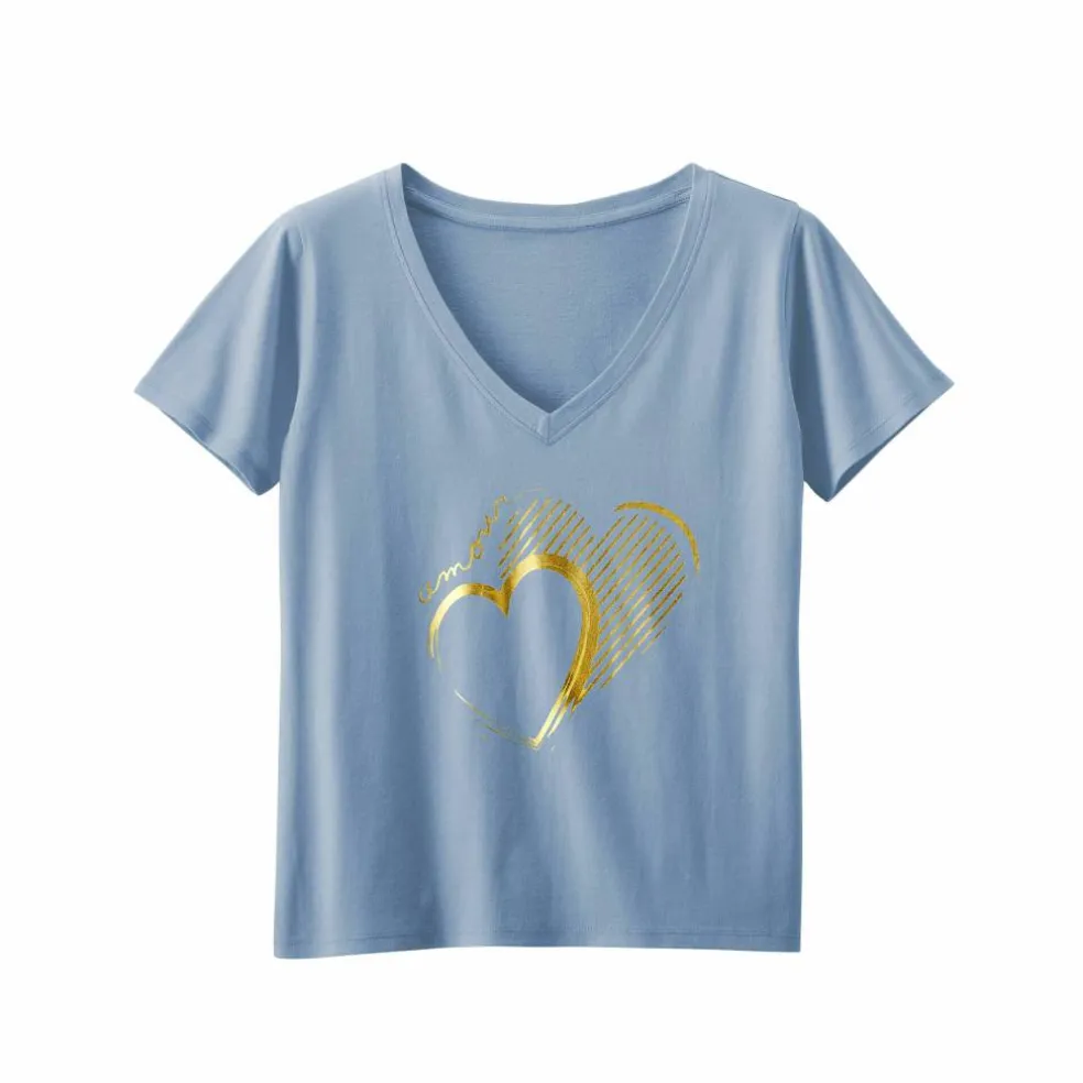 T-shirt col V imprimé doré