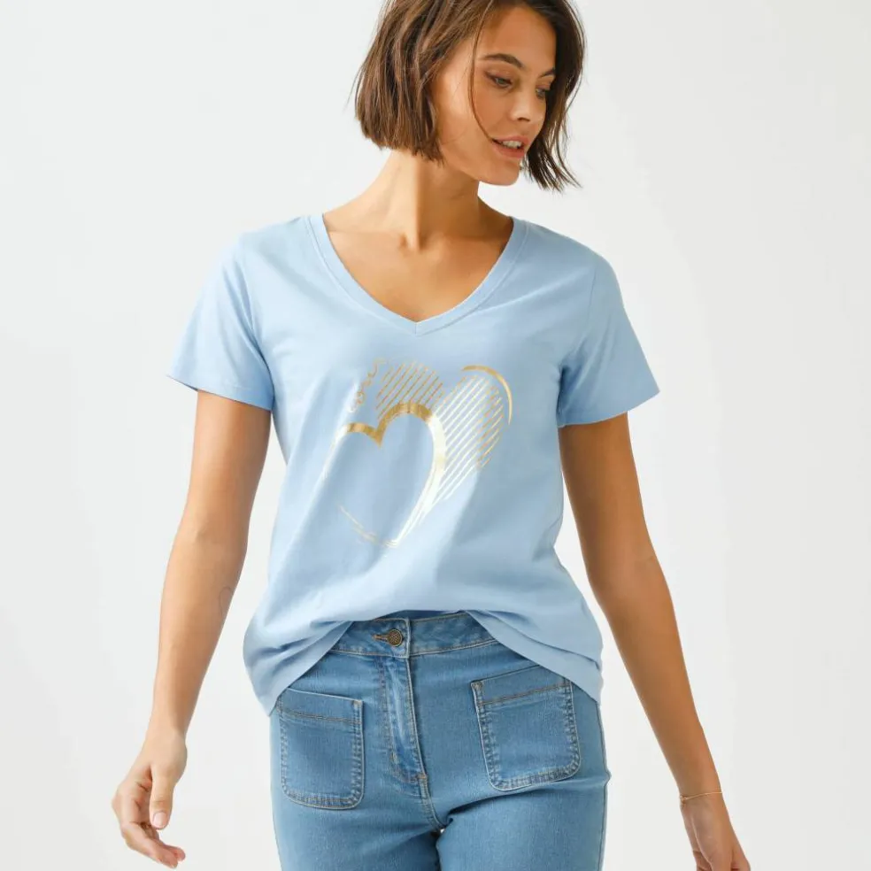 T-shirt col V imprimé doré
