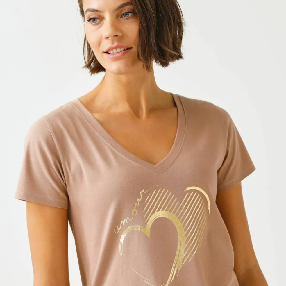 T-shirt col V imprimé doré