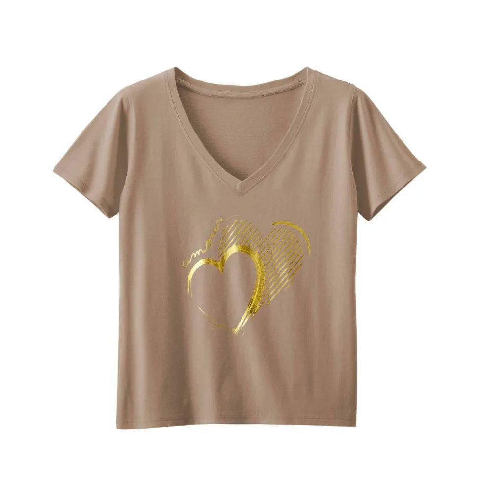 T-shirt col V imprimé doré