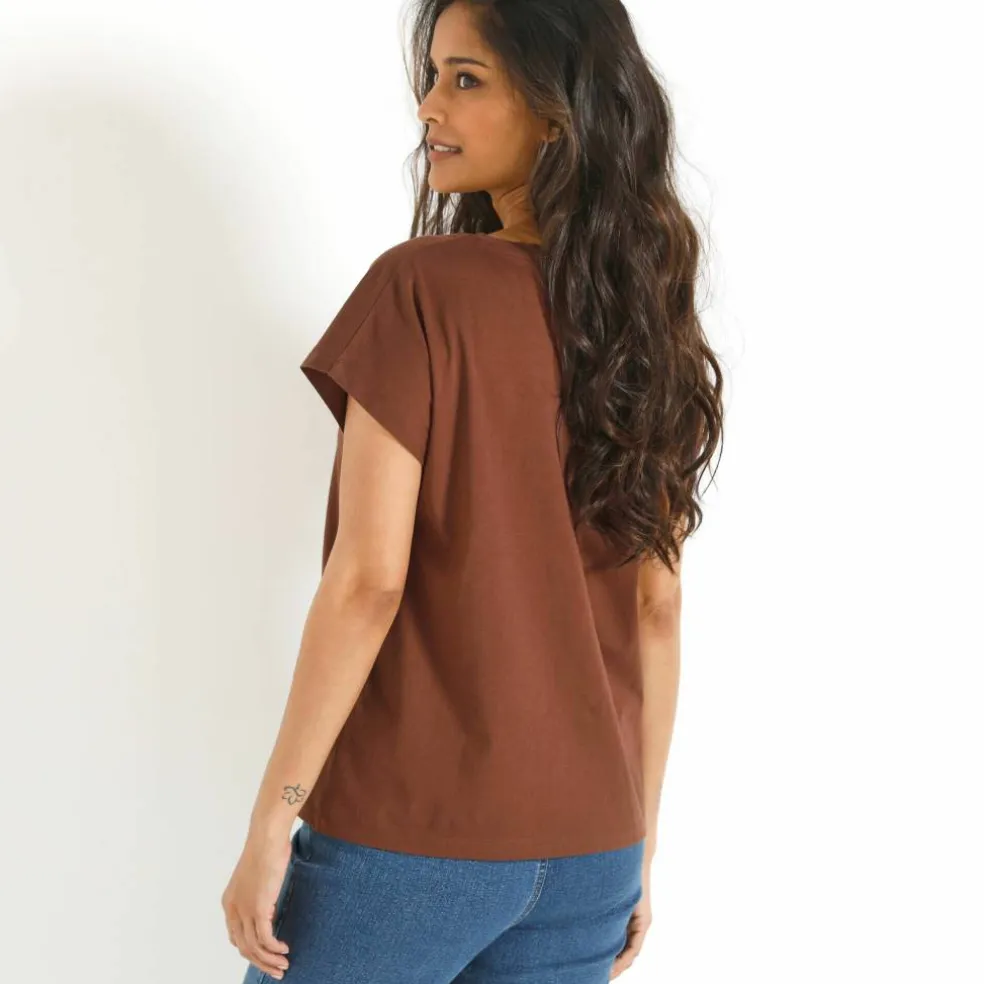 T-shirt col V imprimé léopard doré, coton