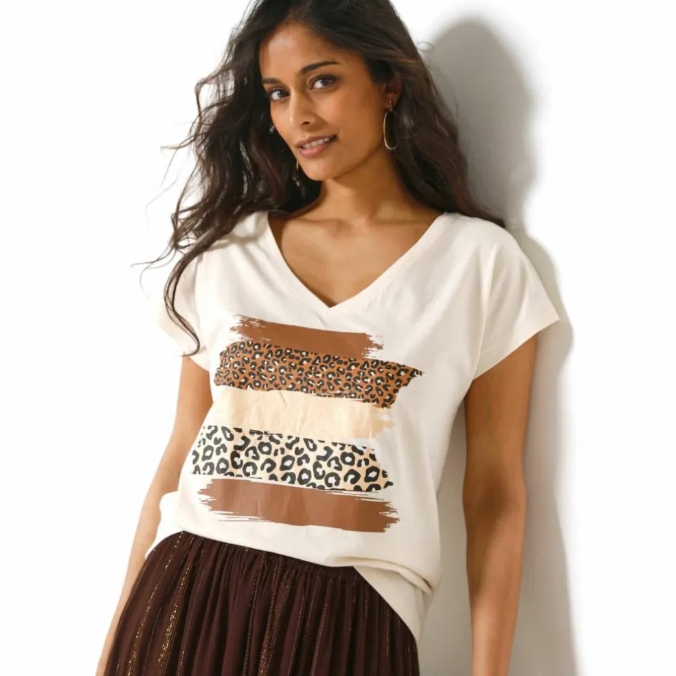 T-shirt col V imprimé léopard doré, coton