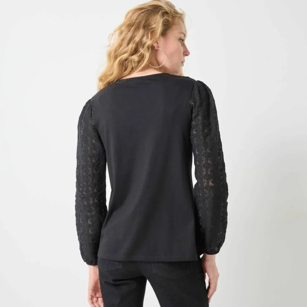 T-shirt col V manches dentelle