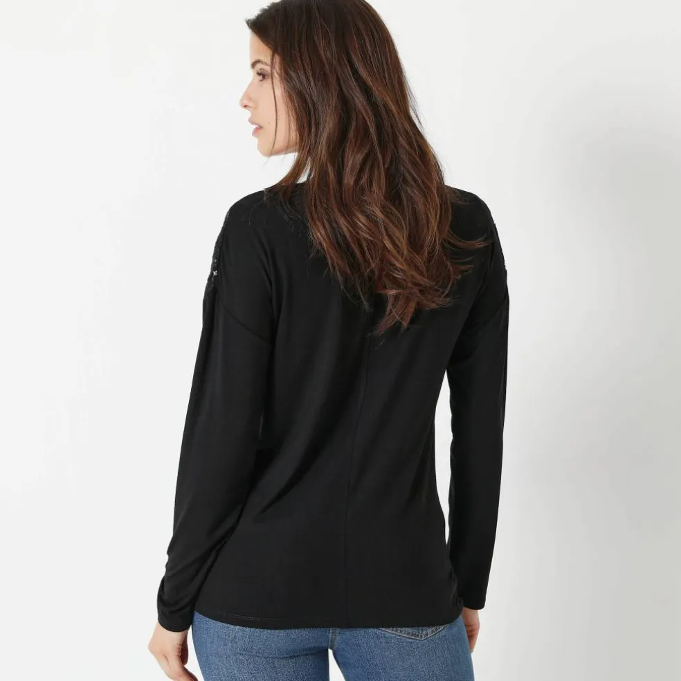 T-shirt col V manches longues dentelle