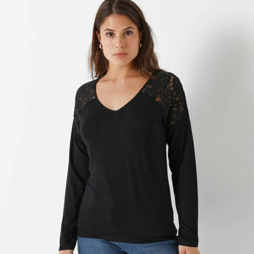 T-shirt col V manches longues dentelle