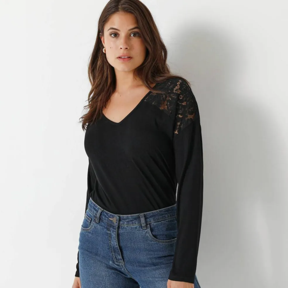 T-shirt col V manches longues dentelle