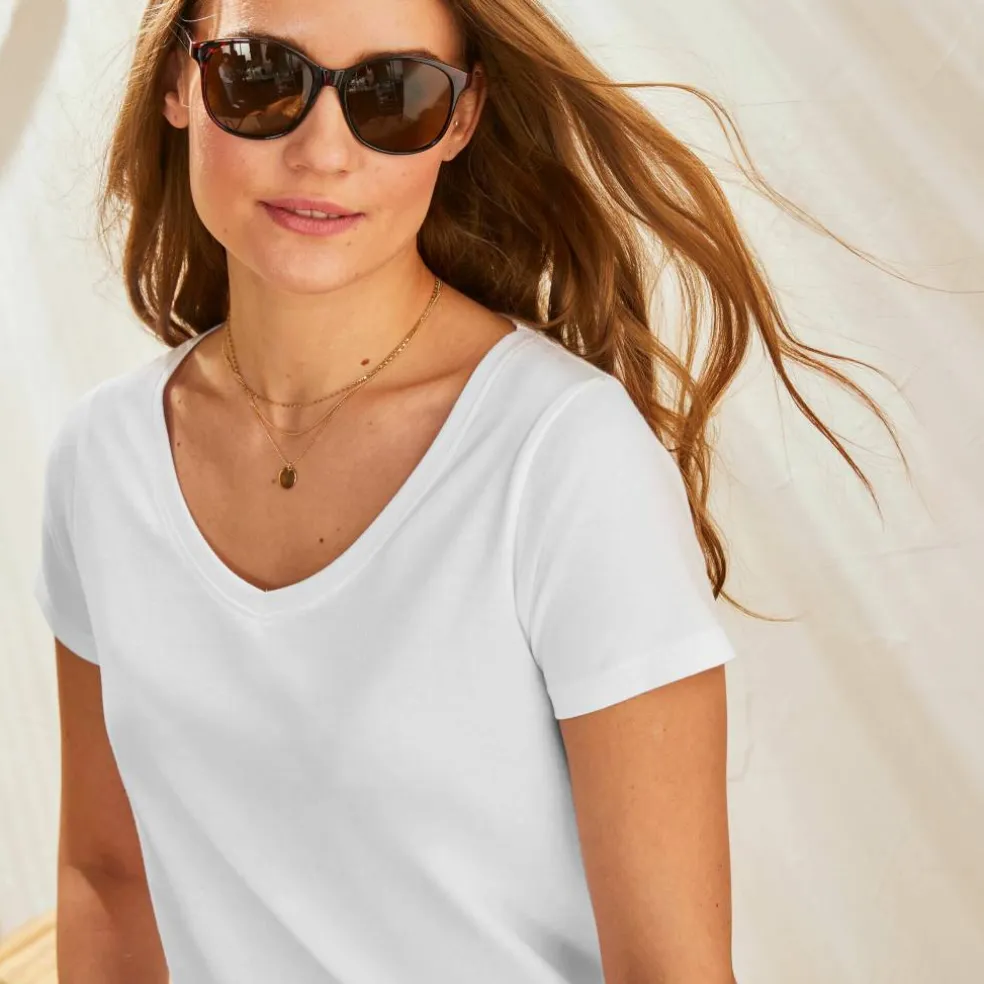 T-shirt col V uni manches courtes, coton