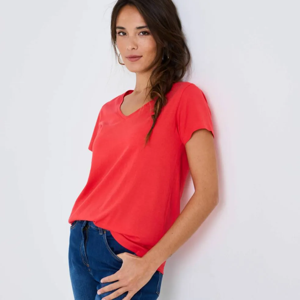 T-shirt col V uni manches courtes, coton