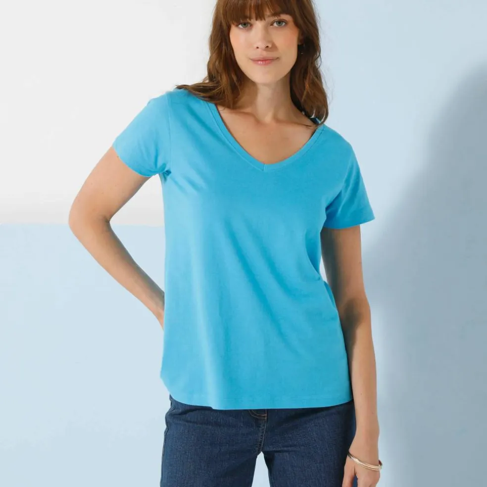 T-shirt col V uni manches courtes, coton
