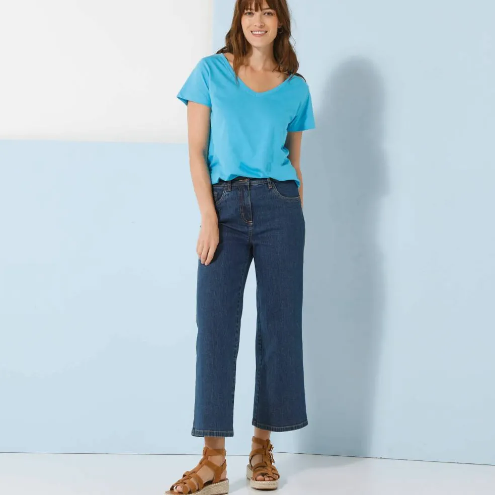 T-shirt col V uni manches courtes, coton
