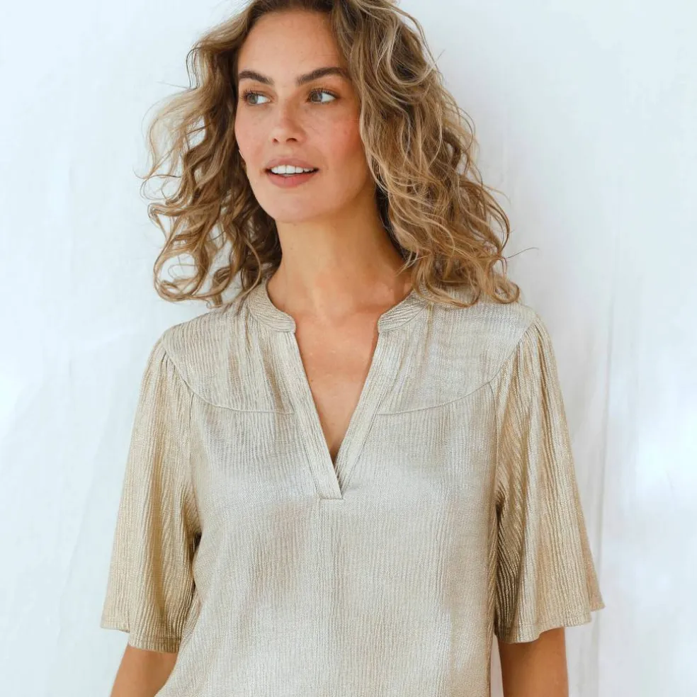 T-shirt doré manches "coude", maille fantaisie plissée
